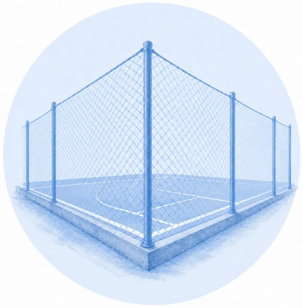Cerramiento con red de malla y postes metálicos en la esquina de una pista deportiva, dibujado en tonos azules