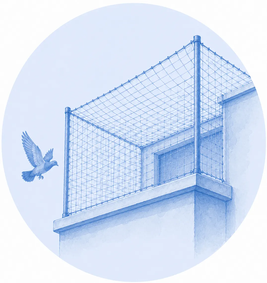 Red de protección antipalomas cerrando una terraza con postes metálicos y una paloma volando fuera, en tonos azules