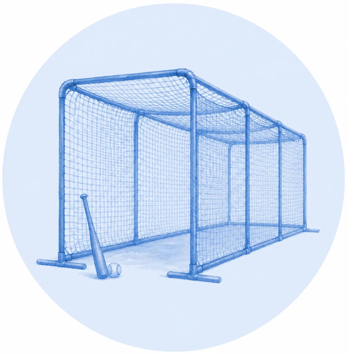 Jaula de bateo con estructura tubular y red de protección, con un bate y una pelota de béisbol junto a la entrada