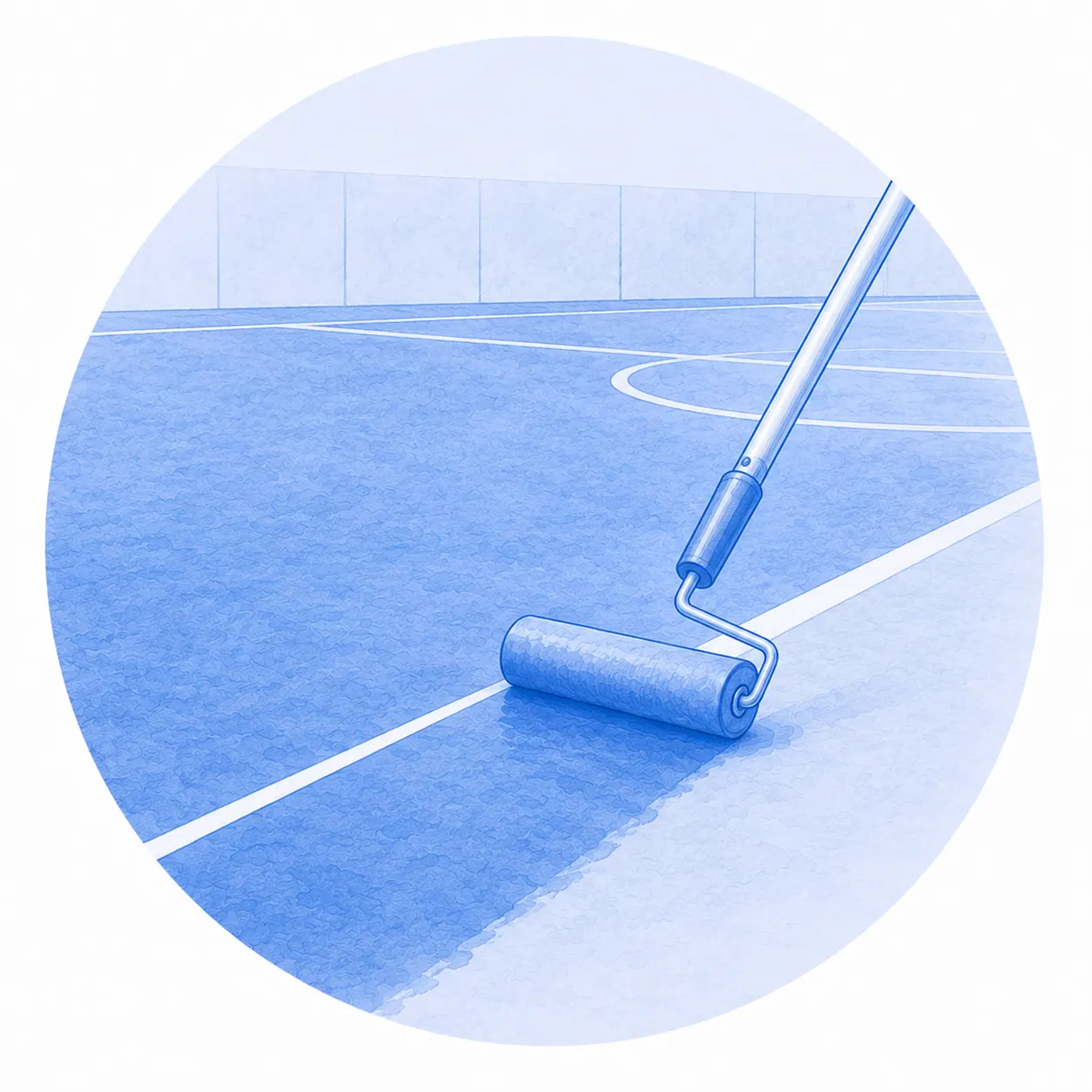 Rodillo de pintura aplicando pintura azul sobre una pista deportiva con líneas de marcaje blancas y un muro al fondo