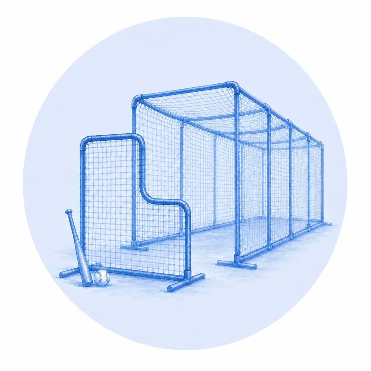 Jaula de bateo de béisbol con estructura tubular y red, junto a una pantalla protectora en L, un bate y una pelota