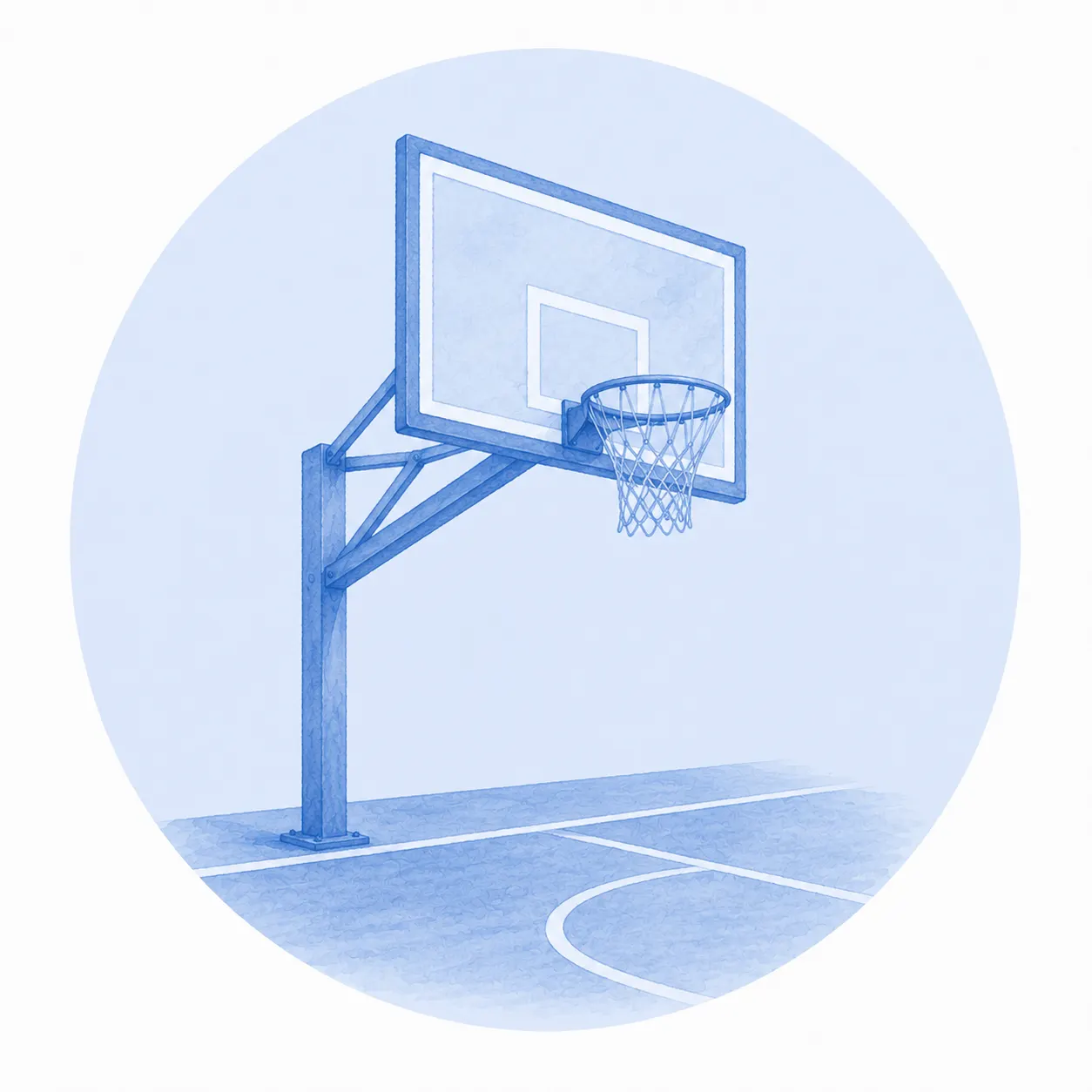 Canasta de baloncesto con poste metálico fijo y tablero sobre una pista con líneas blancas, en tonos azules