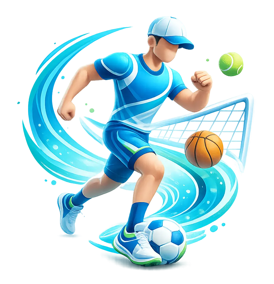 Jugador con ropa azul y gorra conduce un balón de fútbol entre una pelota de baloncesto, otra de tenis y una portería