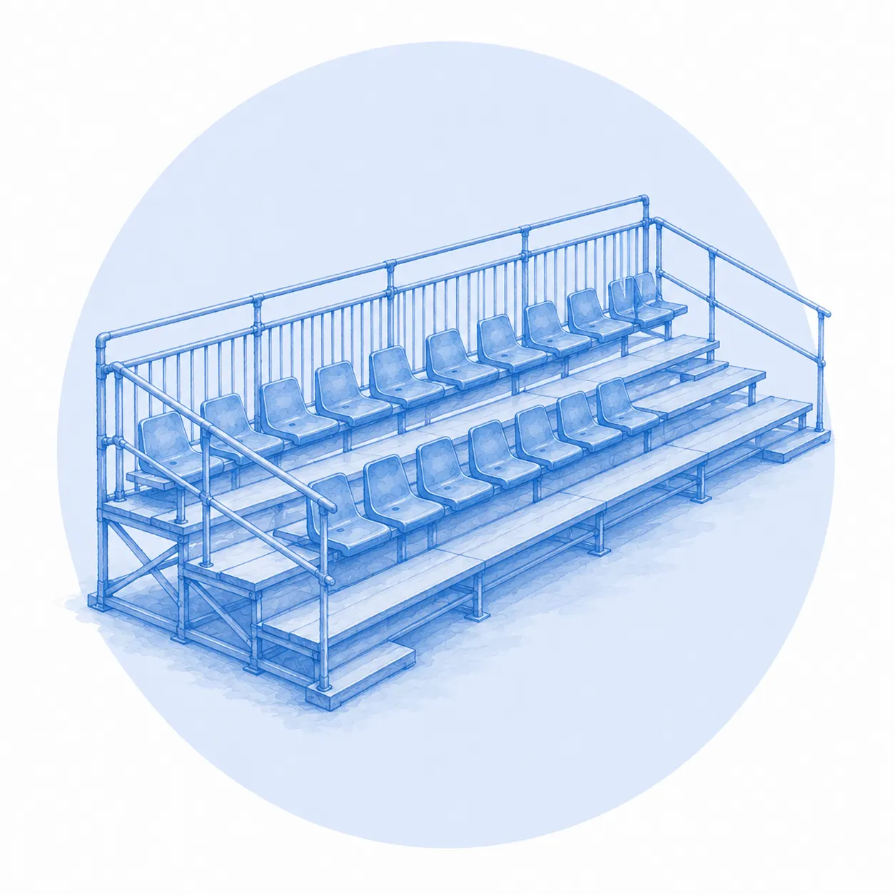 Grada modular de tres niveles con asientos de plástico, estructura tubular y barandillas, dibujada en tonos azules