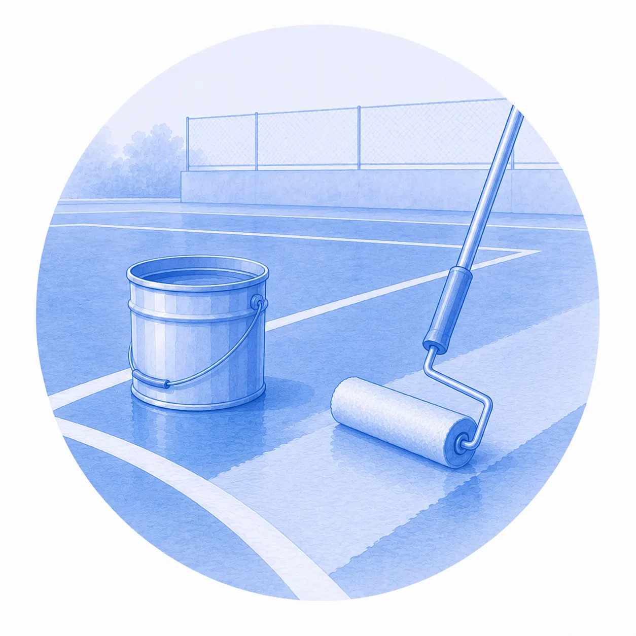 Cubo de pintura y rodillo sobre una pista deportiva azul con líneas blancas, junto a una franja recién repintada