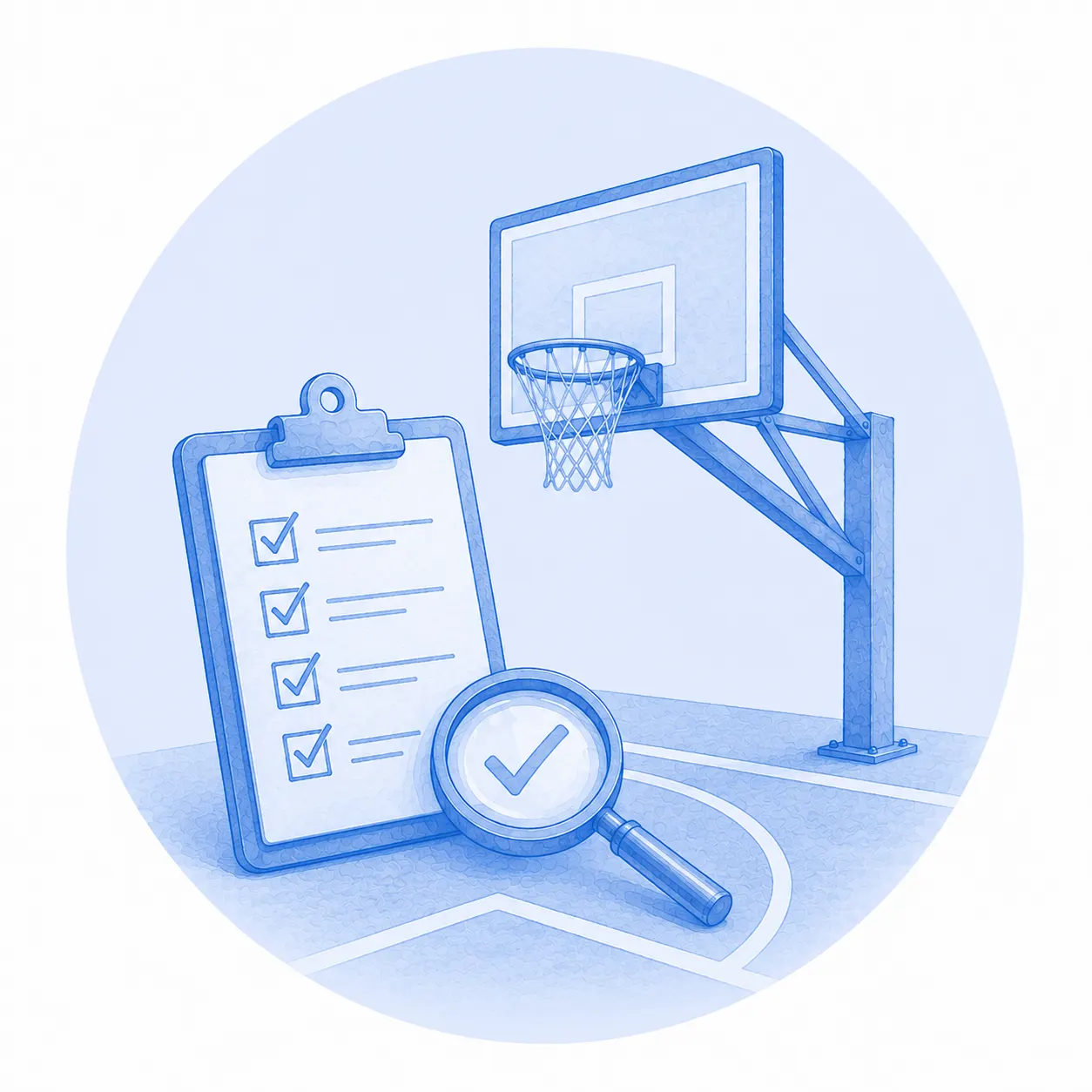 Lista de control con tareas marcadas y una lupa junto a una canasta de baloncesto, símbolo del mantenimiento preventivo
