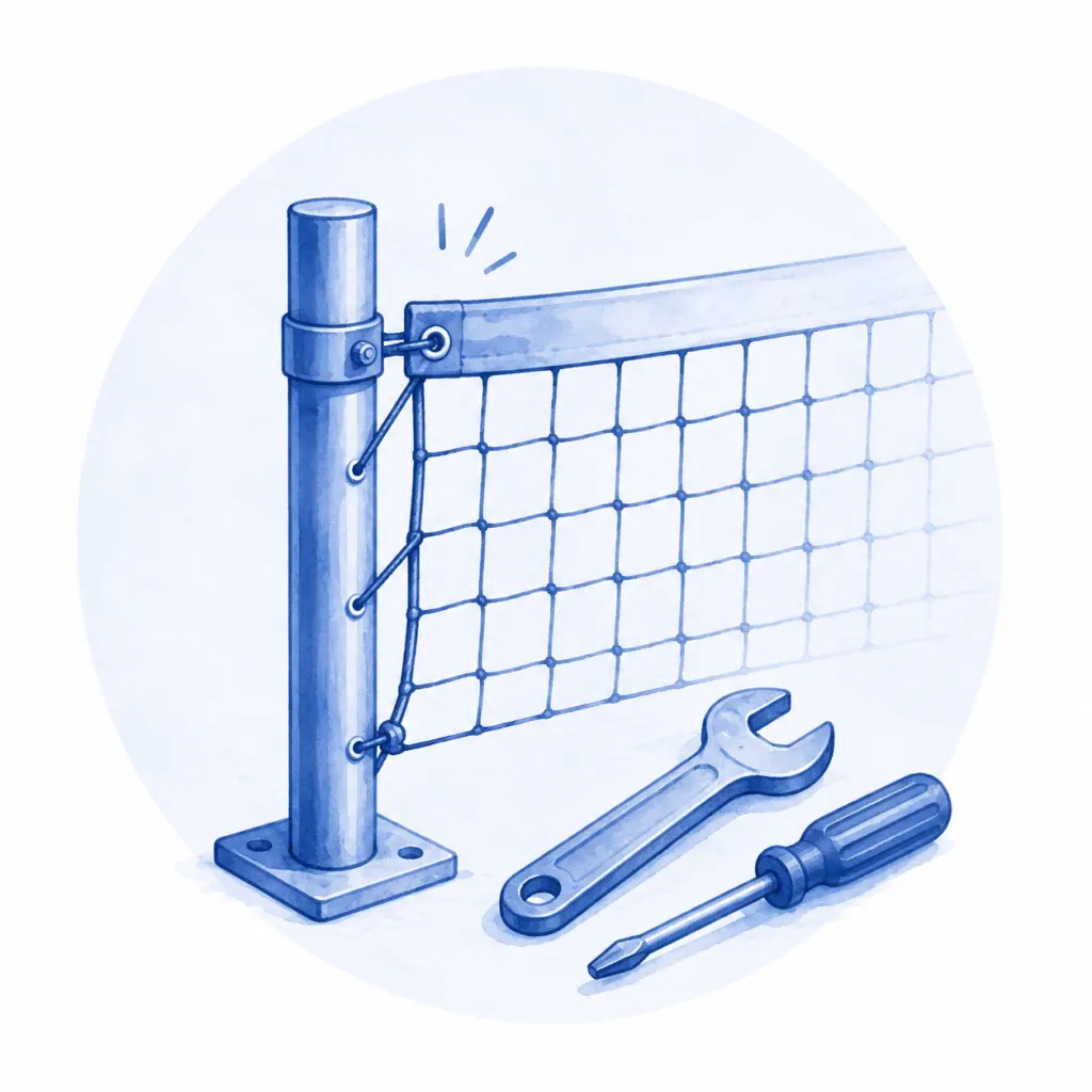 Reparación de equipamiento deportivo: poste metálico con red sujeta por cuerdas, junto a una llave fija y un destornillador