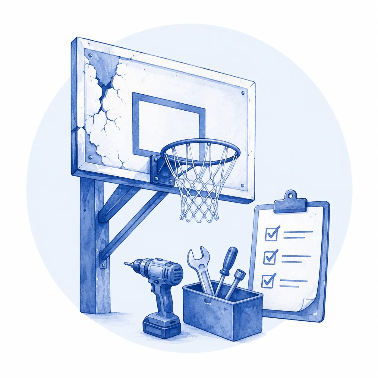 Canasta de baloncesto con el tablero agrietado junto a un taladro, una caja de herramientas y una lista de revisión marcada